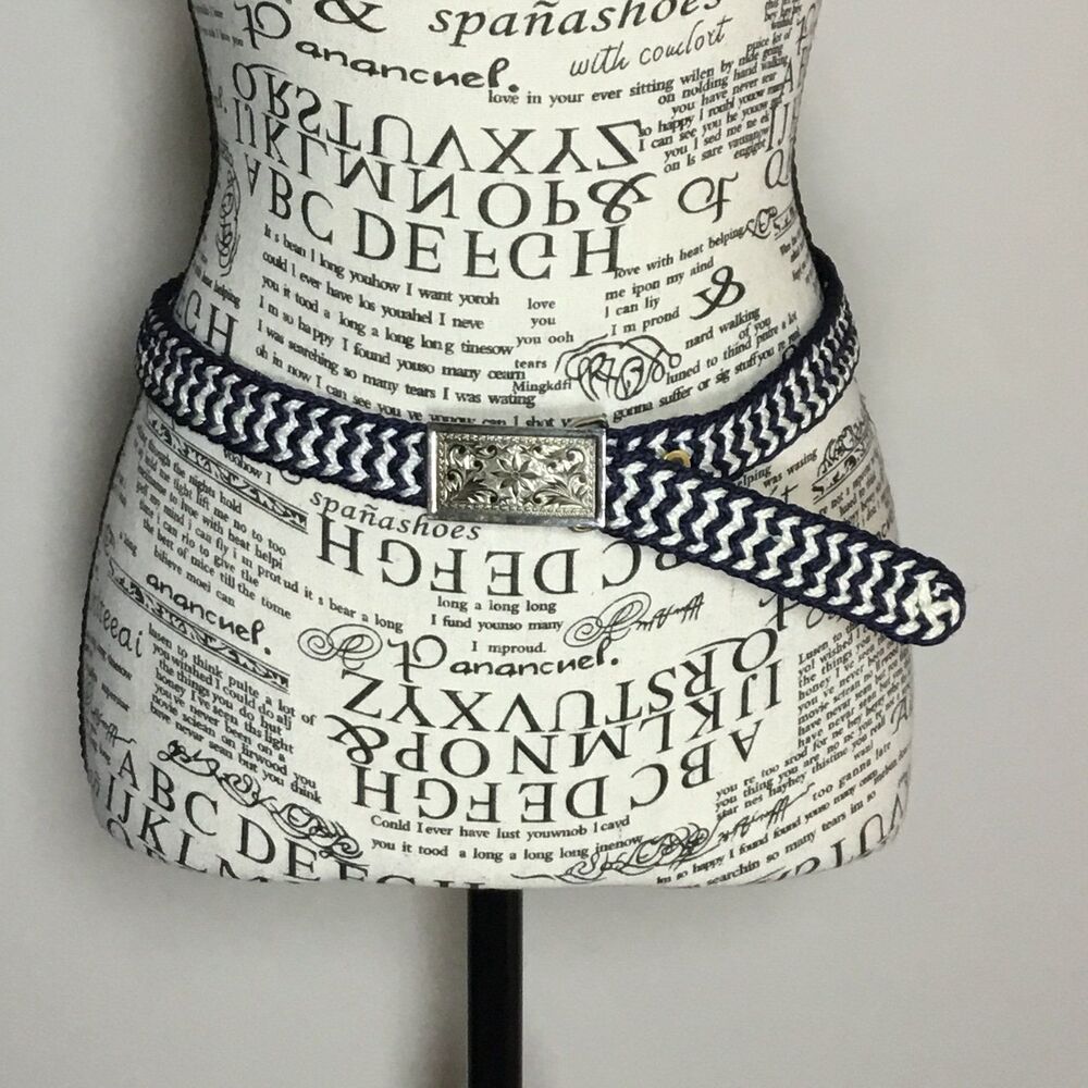 Silver tone buckle with belt woven blue white adjustable coastal Cowgirl 34”